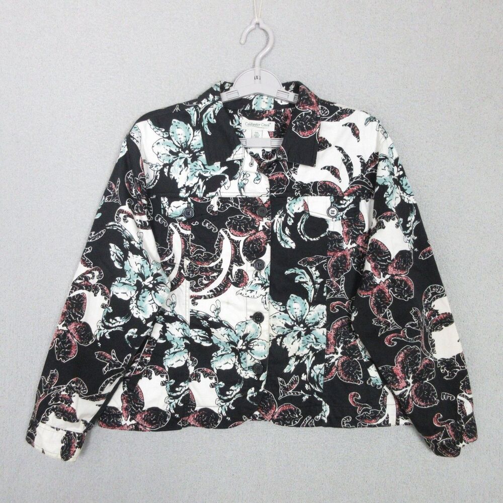 Coldwater Creek Jacket Womens PXL Floral Print Cotton Stretch Button Front Black